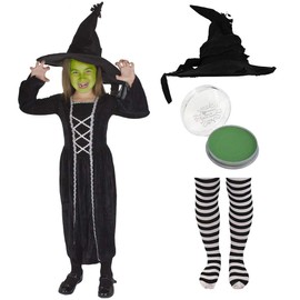 WICKED WITCH OF THE WEST COSTUME FOR GIRLS. WICKED WITCH DRESS + WITCH HAT + WITCH TIGHTS + GREEN FACEPAINT. KIDS WITCH COSTUME FOR WORLD BOOK DAY/BOOK WEEK. SIZE: MEDIUM