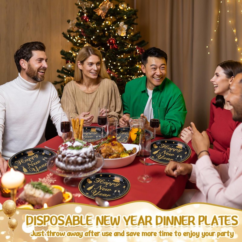 100 Pcs Happy New Year Paper Plates Oval,Black Gold,10.6"x12.6"