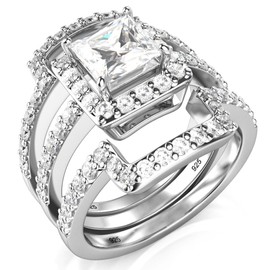 Metal Factory Sz 12 Sterling Silver 3Pcs 925 CZ Cubic Zirconia Engagement Wedding Band Ring Set