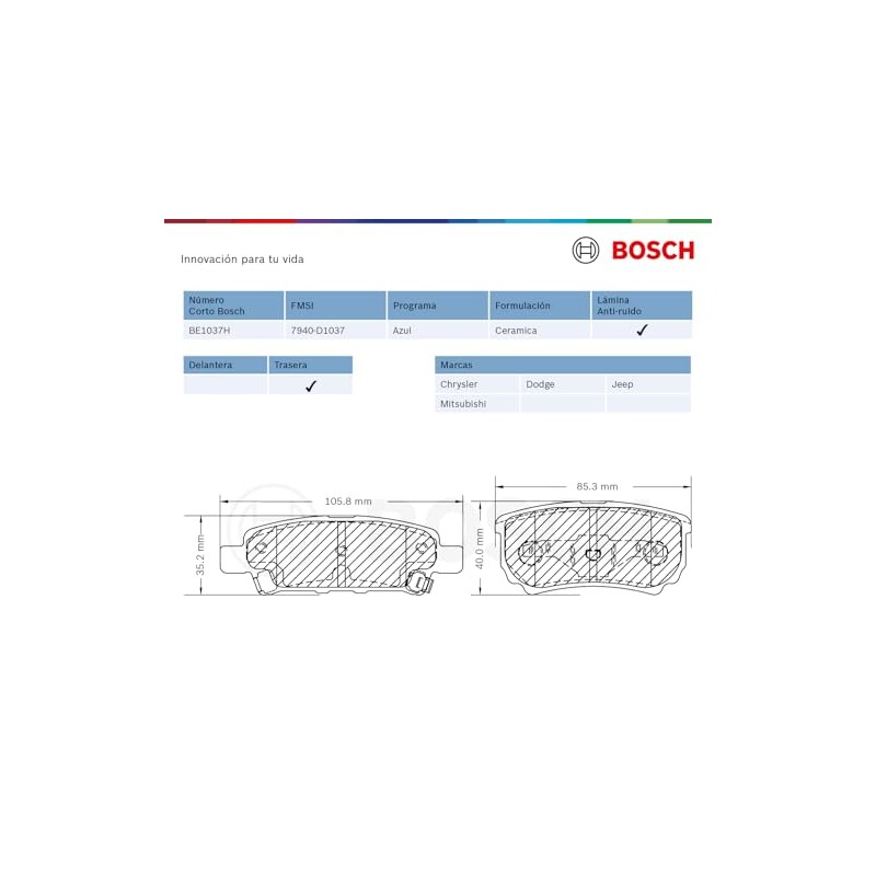 Bosch Balatas Ceramicas Traseras BE1037H, Negro