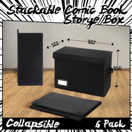 Chuangdi 6 Pcs Comic Book Storage Boxes, Collapsible Comic Short Box Case with Lid, 15.8 x 7.9 x 11.4 Inch Comic Book Bin Container Holds 150 Comics(Black)