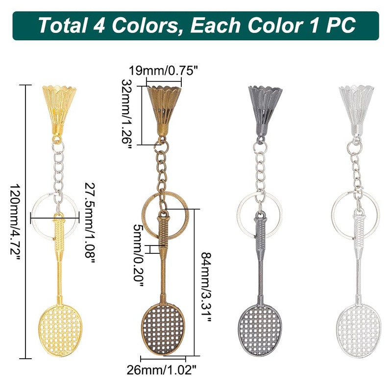 UNICRAFTALE 4 Key Chains, Key Ring, Charm, Badminton Racket, Alloy