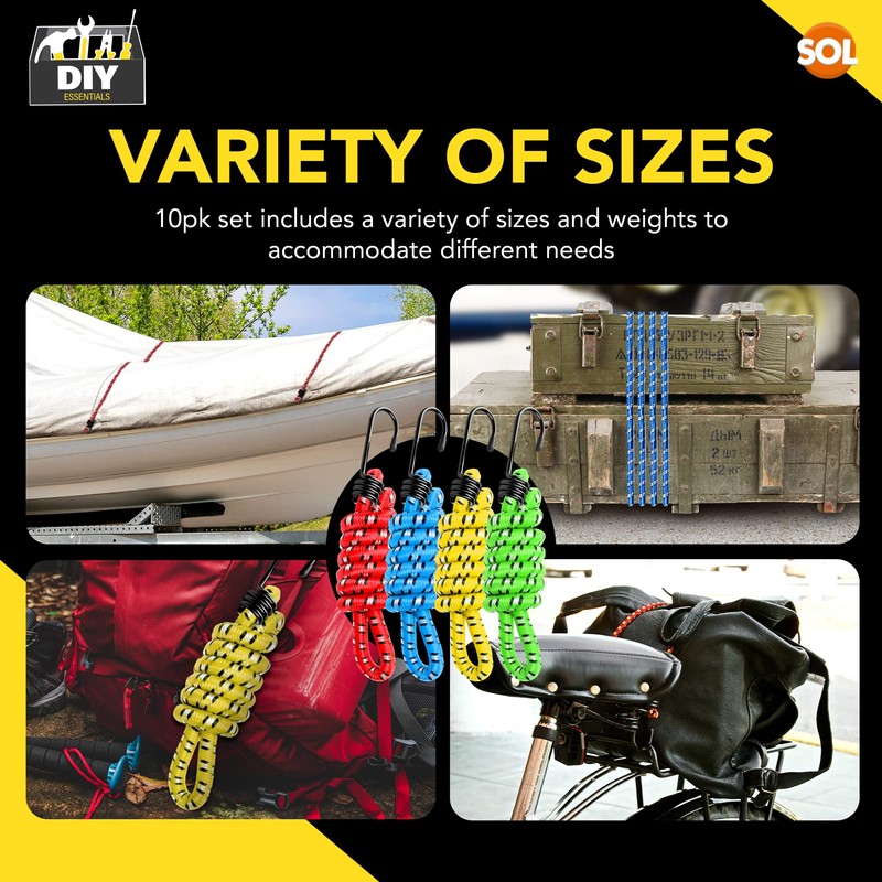 SOL 10pk Bungee Cords with Hooks - Long Adjustable Bungee