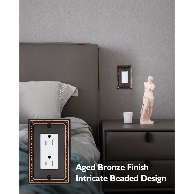 ZILLSEA 4-Pack Aged Bronze Outlet Cover Plates, Metal Decorator Wall