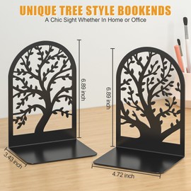 VFINE Bookends, Black Metal Book Ends, Bookends for Shelves, Tree Book Stopper, Book End for Shelves Decorative, Book Ends to Hold Books Heavy Duty, Modern Bookend for Home Office (2 Pairs/4 Pieces)