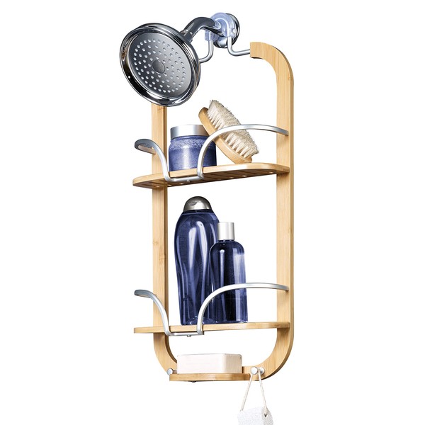 Zenna Home NeverRust Aluminum and Bamboo Hanging Over-the-Shower Caddy, Satin Chrome, 2-Shelf