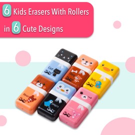 Mr. Pen- Eraser with Cover and Roller, 6 Pack, Animal Theme, Cute Erasers for Kids