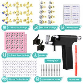 Zygc Professional Ear Piercing Kit with 63 Pairs of Cubic Zirconia Diamond Ear Stud Earrings with Multi Purpose Black Reusable Ear Piercing Gun Silver Sticks for Salon & Home Piercings Gold