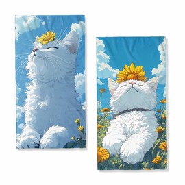 JLSTK White Cat Bath Hand Towels Absorbent Pet Cat Smiling Blue Sky Yellow Flowers Bathroom Kitchen Towels Set of 2 Lightweight Breathable Face Towels for Bathroom Gym Hotel Sport Decor 14"x28"