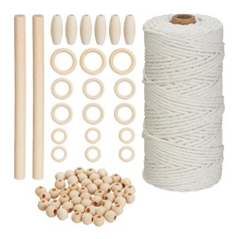 Relaxdays Macrame Set, 73-Piece Craft Set with Wooden Beads and Wooden Rings, 109 m Cotton Yarn 3 mm, for Beginners, White/Natural