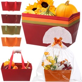 Funnymoom 12 Pcs Fall Basket for Gifts Empty with Cellophane Bag & Ribbon Bow Orange Brown Green Gift Wrapping Basket for Autumn Thanksgiving Birthday Wedding Party Favor Supplies 9.8 x 6.5''