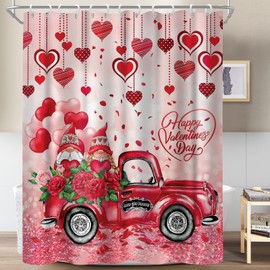 Ofteber Valentines Day Shower Curtain - Romantic Falling Red Heart Gnomes Shower Curtain, Valentines Day Lovers Bathroom Curtain with 12 Hooks 71"X71"