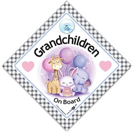 Grandchildren On Board Car Sign Cute Animals, Baby On Board Sign, Grandchild On Board, Designed to Let Other Road Users a Child is in The Car, 14 cm x 14cm x 2cm