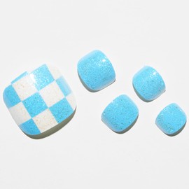 GLAMERMAID Press on Toenails, Spring Summer Glitter Light Blue Plaid Gel Glue on Toe Nails, 24Pcs Glossy Toe Nails Reusable UV Finish Fake Nails Acrylic False Nails Manicure Kits for Women