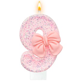 Laackys Pink Glitter Bow Birthday Candles, Number 9, Smokeless, Eco-friendly, Non-toxic