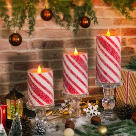 3PCS Christmas Flickering Flameless Candles - Real Wax Red and White Candy Cane Stripe LED Pillar Candles with Battery Operated for Home Christmas, New Year, Winter Wedding Party Decoration or Gift