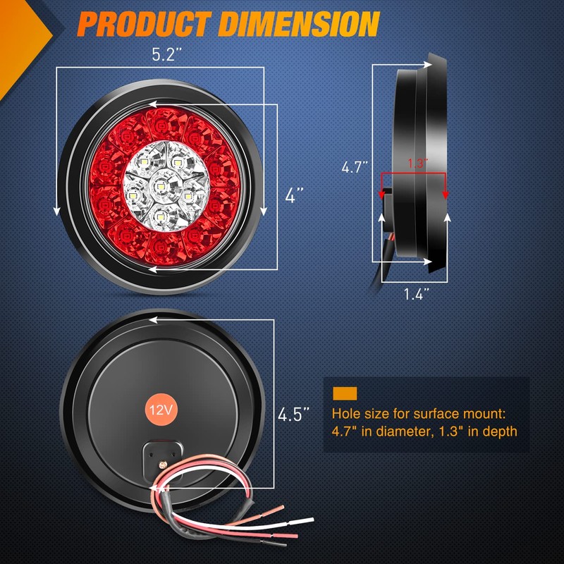Nilight 2PCS 4 Inch Round Red White LED Trailer Tail