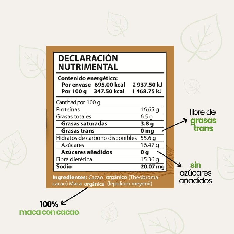 Leafy Maca con Cacao Natural y Orgánico Sin Azúcar 200g