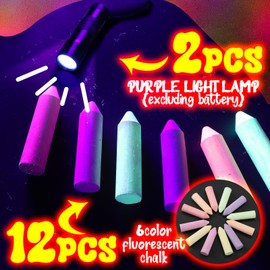 12 Pcs 6 Color Glow in the Dark Chalk UV Neon Sidewalk Chalk and 2 Pcs UV Light Flashlight Outdoor Dustless Black Light Party Supplies for Birthday Gift Painting Drawing on Chalkboard Playground