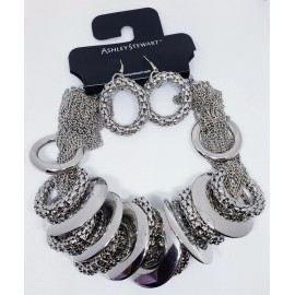 Ashley Stewart Silver, multiple chain Necklace and Earrings Set, Circles New