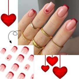 24Pcs French Tips Press on Nails Short Square Valentine’s Day Fake Nails Full Cover Glue on Nails with Red Heart Design Almond Glossy Artificial Stick on Nails False Nails for Women Girls