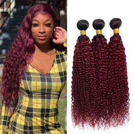 1B/99J Hair Bundles Ombre Curly Wave 3 Bundles Dark Roots Tow Tone Hair Bundles Black To Burgundy 1b99J Hair Brazilian Remy Human Hair Bundles Hair 3 Bundles 18 20 22 inch