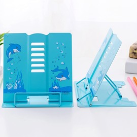 Ouceanwin Metal Reading Stand, Bookends, Book Stand, Children, Adjustable Book Stand, Multifunctional Bookend, Cookbook Holder, Foldable Tablet Book Stand for Kitchen, Study, Office, School (Blue)