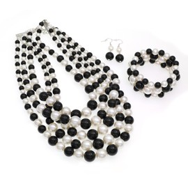 iSPECIAL Colorful Faux Pearl Jewelry Set for Women Layered Chunky Necklace, Earrings, and Bracelet Fashion Costume Jewelry Set (black/white necklace set)