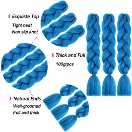 ColorfulPanda 3 packs Hair Extensions for Braiding Crochet Twist Hair Cyan blue Color,Yaki Synthetic Easy Jumbo Braids Pre-stretched African Box Braided hair 24inch