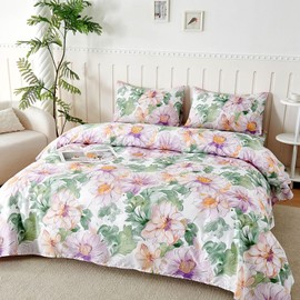 Microfibre Bed Linen for Queen Bed 180 cm, Bed Linen Set 4-Piece Prints and 2 Pillowcases 50 x 80 cm, Fitted Sheet 180 x 190/200 cm, Double Bed 240 x 250 cm, Flower Travel Purple