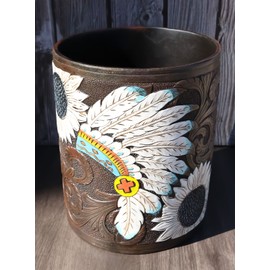 Western American Indian Chief Headdress Eagle Feathers Waste Basket Trash Bin