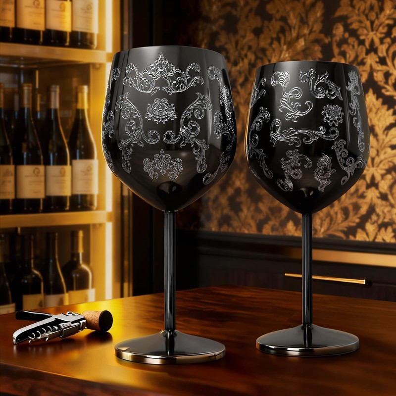 Lifecapido Stainless Steel Wine Glasses Set of 2, 18oz Etched