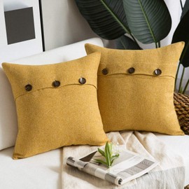 Phantoscope Farmhouse Throw Pillow Covers Triple Button Vintage Linen Decorative Pillow Cases for Couch Bed and Chair Yellow, 22 x 22 inches 55 x 55 cm, Pack of 2