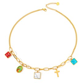 HETICA Gold Cross Necklace for Women, Oval Virgin Portrait Charm Necklace, Fashion Vintage Faith Necklace Jewelry