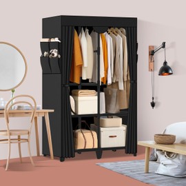 Jofuler Wardrobe Closet, Quick and Easy Assembly, Black Portable Closet with 2 Hanging Rods 4 Storage Shelves and 8 Side Pockets, Sturdy and Stable Clothes Rack with Cover, for Bedroom and Dormitory