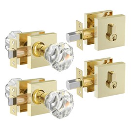 Leydebong 2 Pack Single Cylinder Deadbolt and Crystal Glass Passage Door Knob Combo Set, Polished Brass Door Lock Sets, Keyd Alike Door Knob Sets