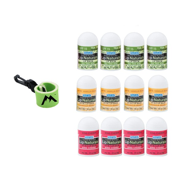 Lip Naturals® | 12-Count Assorted Mini Lip Balm with Sunscreen (SPF-15) & 1 Lip Balm Keychain | Made in USA | Lip Balm Pack with 3 Flavors: Tea Tree Mint, Vanilla Bean, & Bing Cherry (0.10oz/3g Each)