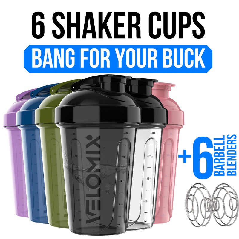 VELOMIX -6 PACK- 20 oz Protein Shaker Bottle for Protein