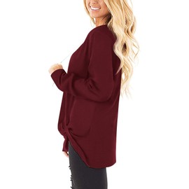 NIASHOT Tops for Women V Neck Twist Knot Long Sleeve Fall Shirts Wine Red M