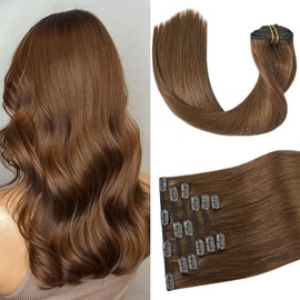Aison Light Brown Clip in Human Hair Extensions 7pcs Remy Hair 16clips for Women #6 Chestnut Brown Hair Extensions Real Human Hair 16 Inch 120g