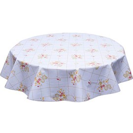 Round Freckled Sage Oilcloth Tablecloth in Bow and Bouquet Gold on White - You Pick The Size!