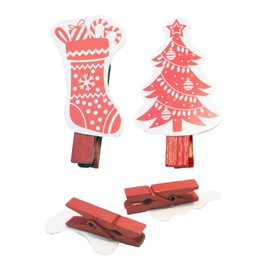 Christmas Card Holder 18 Novelty Pegs and Red Ribbon - Tree/Stocking 7183