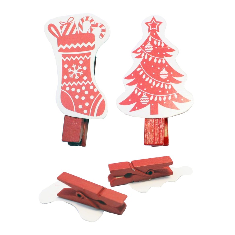 Christmas Card Holder 18 Novelty Pegs and Red Ribbon -