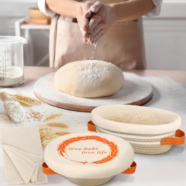 HASHMUST Banneton Bread Proofing Basket Set, 9 Inch Round & 10 Inch Oval Cotton Rope Proofing Bowls with Liners Covers & 14x19 Inch Thick Baguettes Cloth, Sourdough Dough Loaves Baking Supplies Gifts