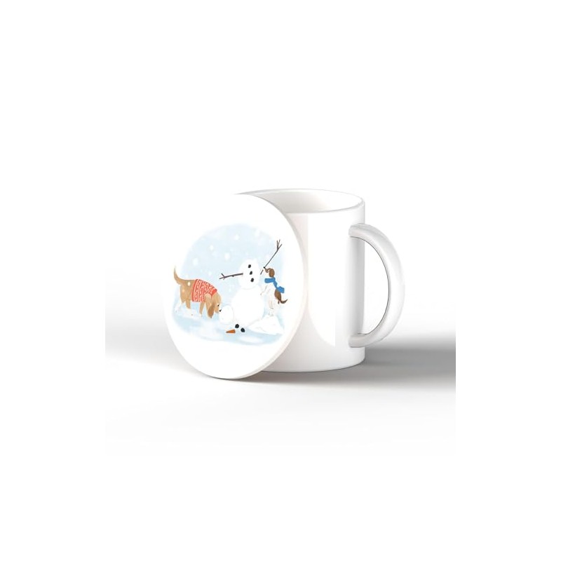 Global Designs BUILDING A SNOWMAN DOG THEMED CERAMIC CIRCLE COASTER