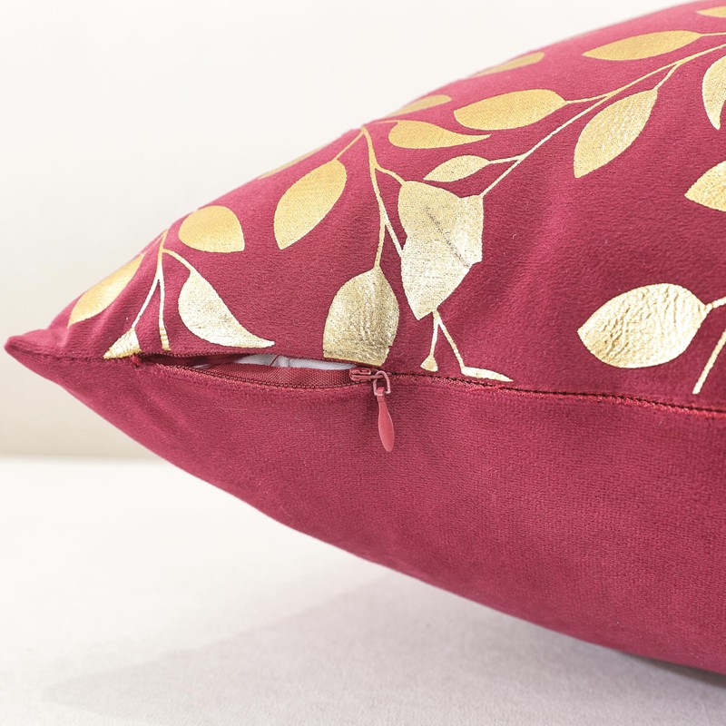 TAOSON 2Pcs Wine Red Velvet Throw Pillow Covers,Gold Bronzing Leaves,18x18