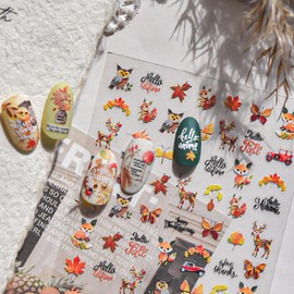 Fall Nail Art Stickers 5D Embossed Fox Nail Stickers 3D Self-Adhesive Squirrel Nail Decals Autumn Elk Owl Nail Designs Orange Maple Car Nail Art Decoration for Women Girls Manicure 1 Sheet