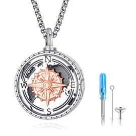KINGWHYTE Urn Necklace for Ashes 925 Sterling Silver Compass Map Ash Pendant Cremation Jewelry Keepsake Memorial Gift for Men Women