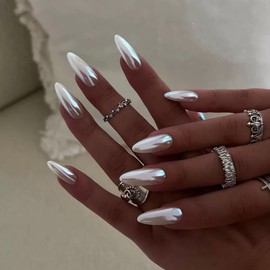 C.Z.Z.T.T.NAILS [24 Pack] Aurora Pearl White Coated Long Almond Nail | Moonlight at Fingertips for a Luxurious Aesthetic of the Cool Fairy
