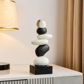 FJS Modern Stone Sculpture Decor for Living Room, Black and White Statue for Coffee Table Centerpiece, Resin Sculptures for TV Stand Shelf Bookshelf Decorations, Gifts for Good Luck, Health, Strength